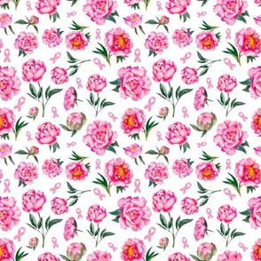 Medium Scale Pink Ribbon Floral with Pink Peony Flowers Breast Cancer Awareness