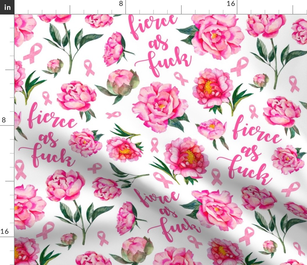 Large Scale Fierce as Fuck Pink Ribbon Floral with Pink Peony Flowers Breast Cancer Awareness