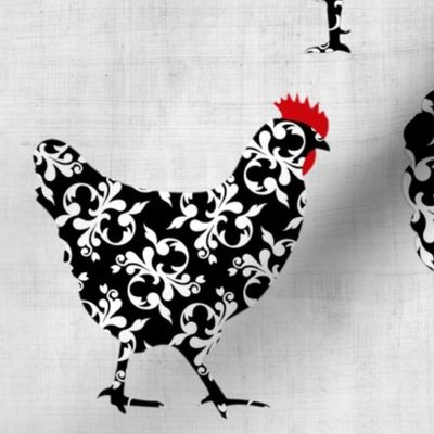 Large Scale Pretty Chickens Damask Hens Roosters in Black and White on Pale Grey Texture