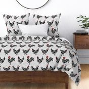 Large Scale Pretty Chickens Damask Hens Roosters in Black and White on Pale Grey Texture