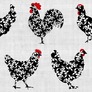 Large Scale Pretty Chickens Damask Hens Roosters in Black and White on Pale Grey Texture