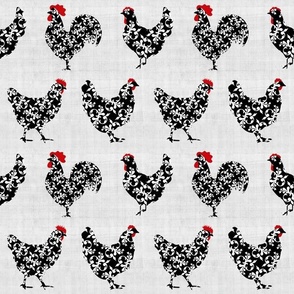 Medium Scale Pretty Chickens Damask Hens Roosters in Black and White on Pale Grey Texture