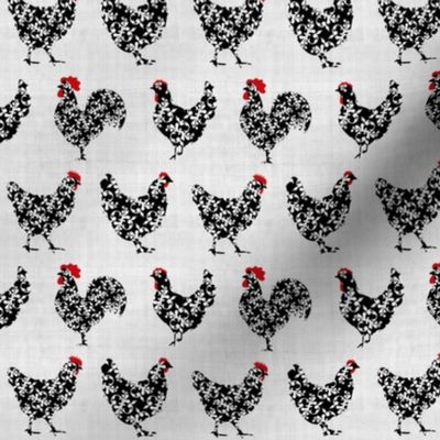 Small Scale Pretty Chickens Damask Hens Roosters in Black and White on Pale Grey Texture