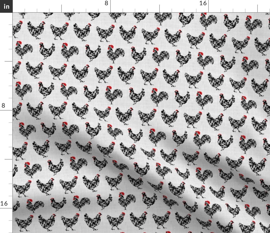 Small Scale Pretty Chickens Damask Hens Roosters in Black and White on Pale Grey Texture