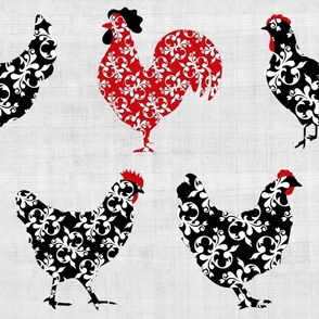 Large Scale Pretty Chickens Damask Hens Roosters in Black and White and Red on Pale Grey Texture