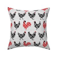 Medium Scale Pretty Chickens Damask Hens Roosters in Black and White and Red on Pale Grey Texture