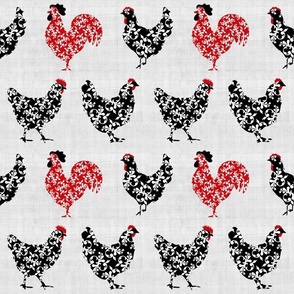 Medium Scale Pretty Chickens Damask Hens Roosters in Black and White and Red on Pale Grey Texture