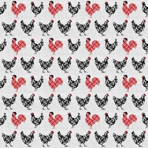 Small Scale Pretty Chickens Damask Hens Roosters in Black and White and Red on Pale Grey Texture