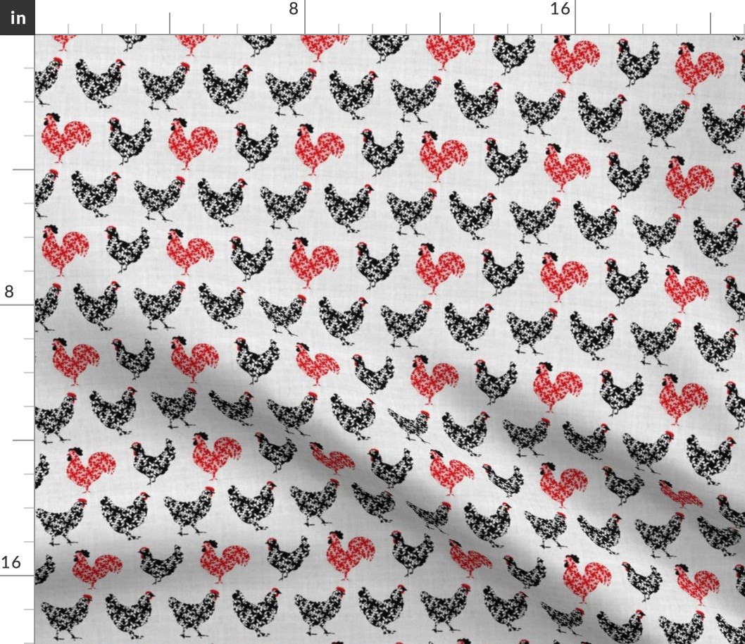 Small Scale Pretty Chickens Damask Hens Roosters in Black and White and Red on Pale Grey Texture