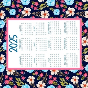 2025 Calendar Wall Hanging Fat Quarter Tea Towel Size Pink and Blue Wildflowers