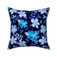 Jumbo Tropical Blue and Indigo Hibiscus Floral Repeat on Navy