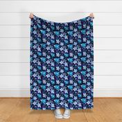 Jumbo Tropical Blue and Indigo Hibiscus Floral Repeat on Navy