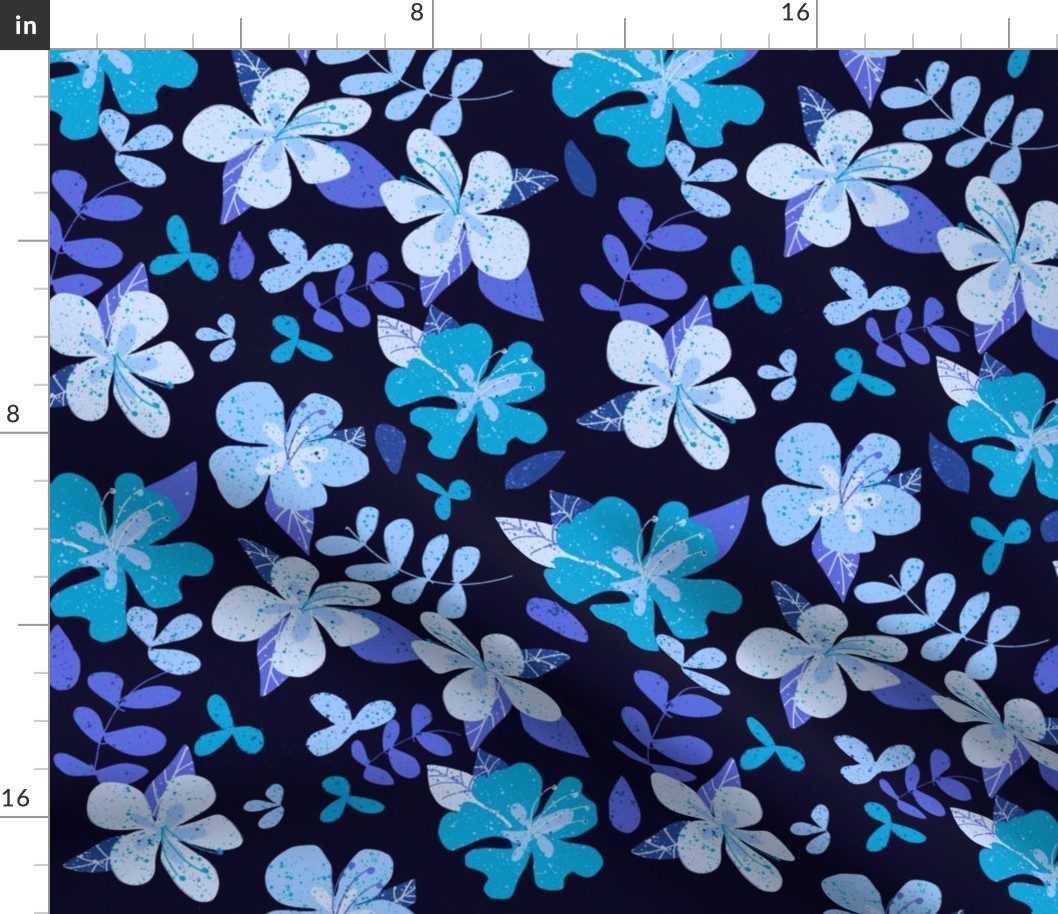 Jumbo Tropical Blue and Indigo Hibiscus Floral Repeat on Navy