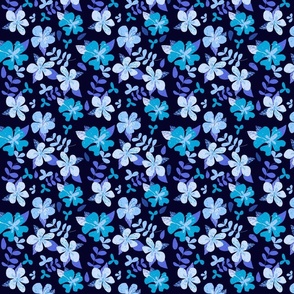 Tropical Blue and Indigo Hibiscus Floral Repeat on Navy