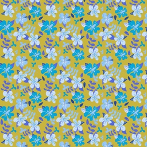 Tropical Blue and Indigo Hibiscus Floral Repeat on Gold