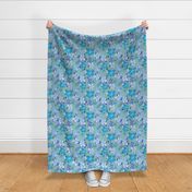 Jumbo Tropical Blue and Indigo Hibiscus Floral Repeat on Seafoam