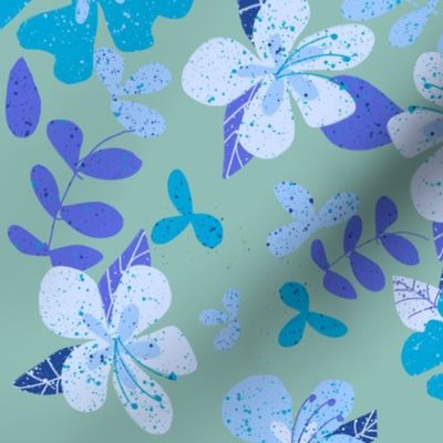 Jumbo Tropical Blue and Indigo Hibiscus Floral Repeat on Seafoam