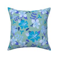 Jumbo Tropical Blue and Indigo Hibiscus Floral Repeat on Seafoam