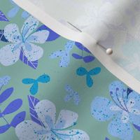 Tropical Blue and Indigo Hibiscus Floral Repeat on Seafoam