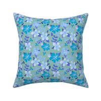 Tropical Blue and Indigo Hibiscus Floral Repeat on Seafoam