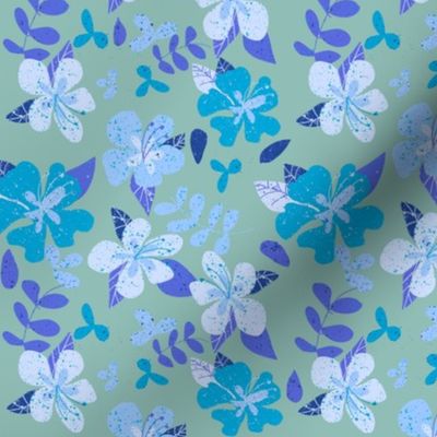 Tropical Blue and Indigo Hibiscus Floral Repeat on Seafoam