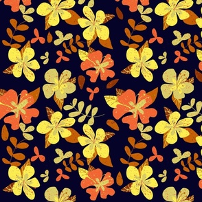 Jumbo Tropical Orange and Brown Hibiscus Retro Repeat on Navy