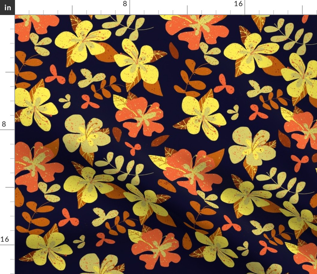 Jumbo Tropical Orange and Brown Hibiscus Retro Repeat on Navy