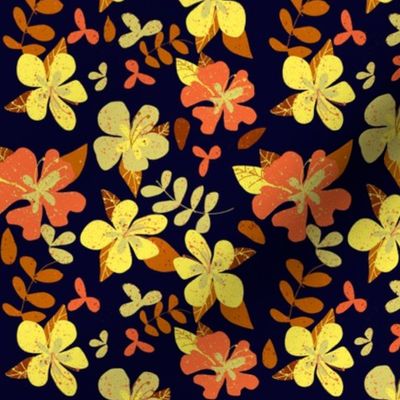 Tropical Orange and Brown Hibiscus Retro Repeat on Navy