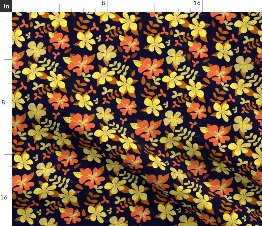 Tropical Orange and Brown Hibiscus Retro Repeat on Navy