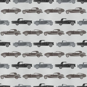 Medium Scale Classic Cars in Black Silver Steel on Metallic Grey Background