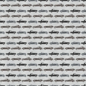 Small Scale Classic Cars in Black Silver Steel on Metallic Grey Background