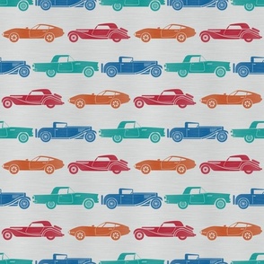 Medium Scale Classic Cars in Blue Aqua Red Orange on Metallic Grey Background