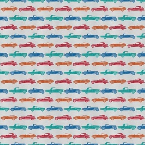 Small Scale Classic Cars in Blue Aqua Red Orange on Metallic Grey Background