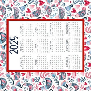 2025 Calendar Wall Hanging Fat Quarter Size for Tea Towel Red and Blue Folk Art Hens Chickens
