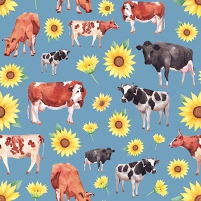 Large Scale Cows and Sunflowers on Blue