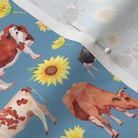 Medium Scale Cows and Sunflowers on Blue