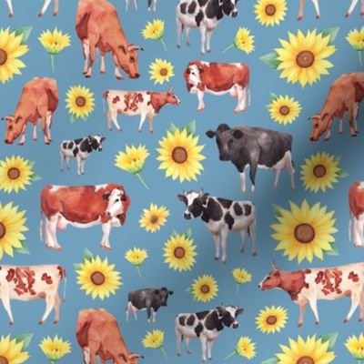 Medium Scale Cows and Sunflowers on Blue
