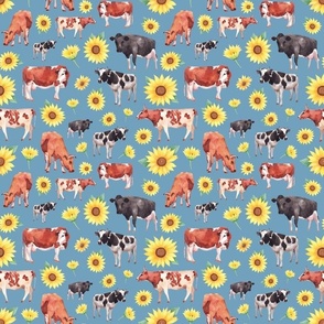 Medium Scale Cows and Sunflowers on Blue