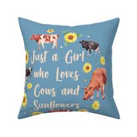 18x18 Pillow Sham Front Fat Quarter Size Makes 18" Square Cushion Cover Just a Girl who loves cows and sunflowers on blue