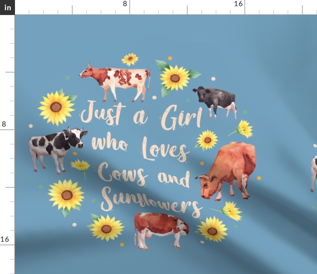 18x18 Pillow Sham Front Fat Quarter Size Makes 18" Square Cushion Cover Just a Girl who loves cows and sunflowers on blue