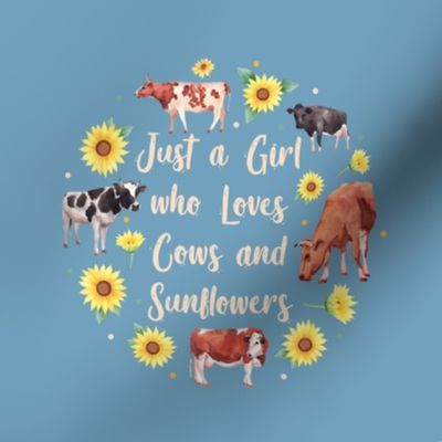 Swatch 8x8 Square Fits 6" Hoop for Embroidery or Wall Art DIY Pattern Kit Template Quilt Square Just a Girl who loves cows and sunflowers on blue