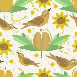 Brown birds / sunflowers / cream