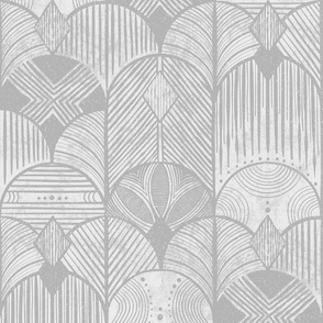 Soft grey  earthy deco neutral geometric -textured hand-drawn tribal Art Deco arches - large