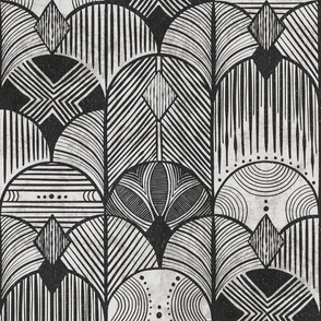 Charcoal  earthy deco neutral geometric -textured hand-drawn tribal Art Deco arches - large