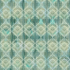 Geometric Deco Mist -- Subtle Jade Aqua Blue over Dark Background Geometric Art Deco – 171dpi (88% of Full Scale)