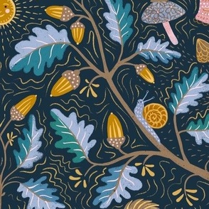 Oak damask with squirrel and mushrooms - dark - large scale