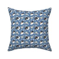 Blue Merle Collie Dog small print with flowers on blue denim cute puppy dog fabric