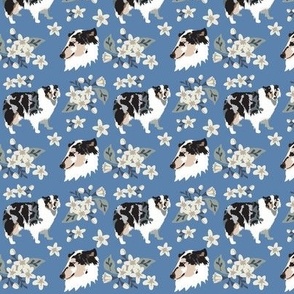 Blue Merle Collie Dog small print with flowers on blue denim cute puppy dog fabric
