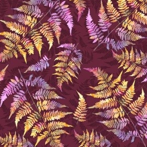 Scattered Bright Ferns on Wine Texture