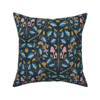 Oak damask with squirrel and mushroom - dark - small scale / dark blue 